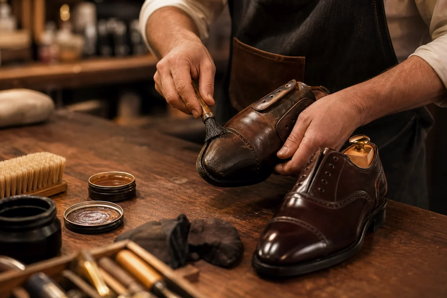 Sapateiro reformando sapatos sociais em Viamão.