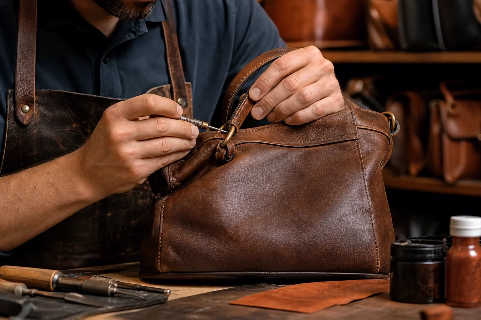 Sapateiro reformando uma bolsa de couro em Viamão.